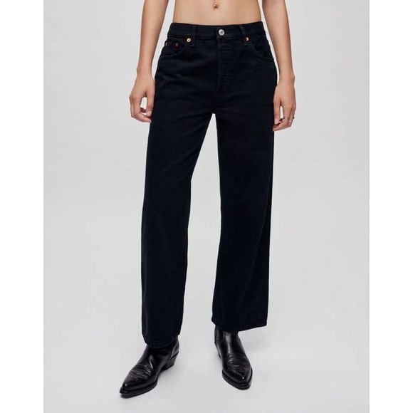 RE Denim - NWT RE/DONE High Rise Loose Crop Jeans Black Denim Size 24 Wide‎ Structured Boho